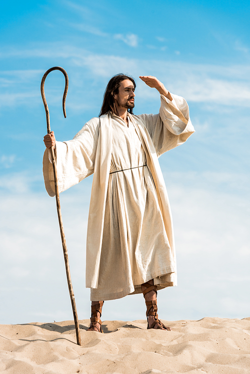 handsome bearded man holding wooden cane in desert