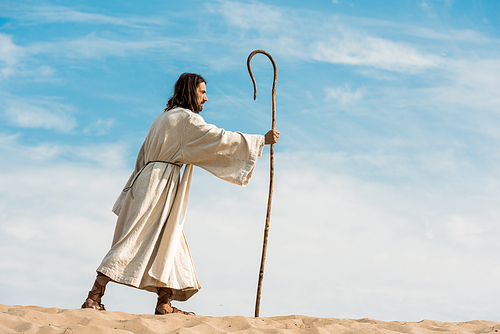 bearded man holding wooden cane and walking in desert against sky