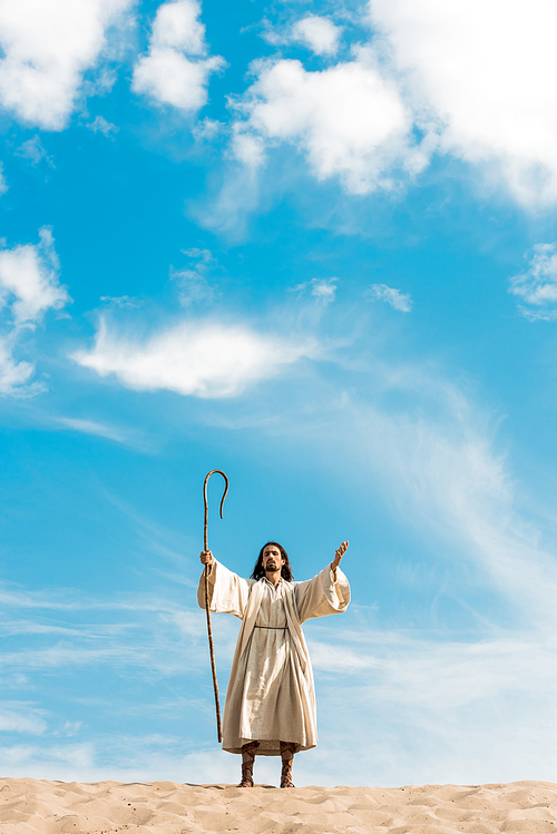 handsome bearded man holding wooden cane and standingin desert against sky