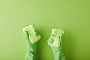 cropped view of housekeeper in rubber gloves holding two sponges on green