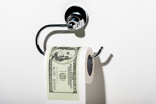 toilet paper with dollar banknote near shadow on white
