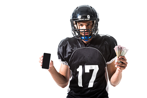 yelling American Football player with smartphone and money Isolated On White