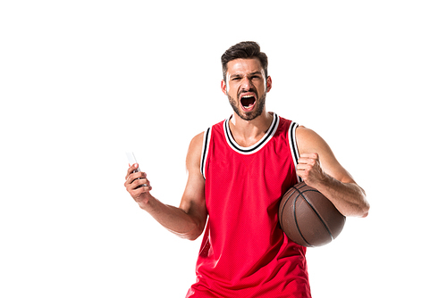 basketball player with ball and smartphone yelling Isolated On White