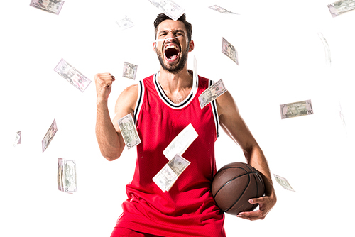yelling basketball player Isolated On White with falling money