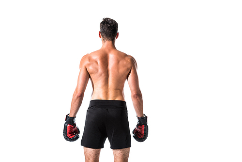 Back view of shirtless Boxer Isolated On White with copy space