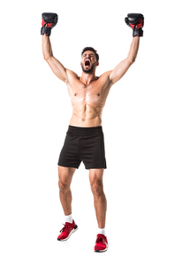 shirtless Boxer with raised hands Isolated On White