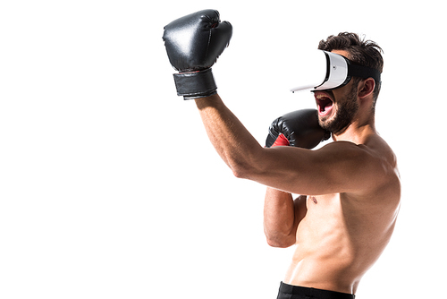shirtless Boxer in virtual reality headset boxing Isolated On White