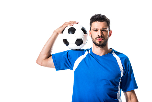 handsome soccer player  and holding ball Isolated On White