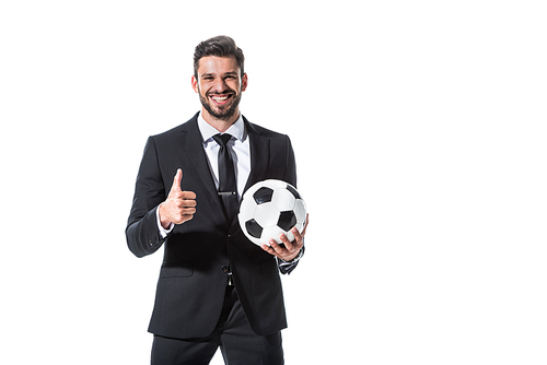 smiling businessman in formal wear with soccer ball showing thumb up Isolated On White