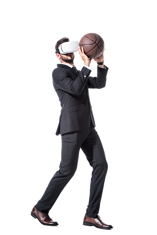 businessman in formal wear and Virtual reality headset holding basketball Isolated On White