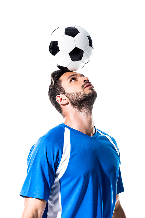 handsome soccer player with ball on head Isolated On White