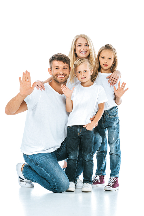 happy parents and kids waving hands and  on white