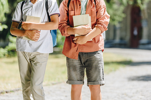cropped view of two schoolboys holding books while walking together