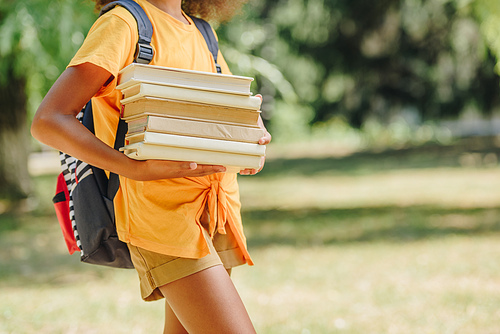 cropped view of african american schoolgirl with backpack holding books