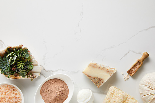 top view of clay powder, bath bomb, 씨솔트 and succulent in seashell on marble table