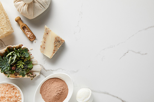 top view of organic cosmetics on marble table with green succulent