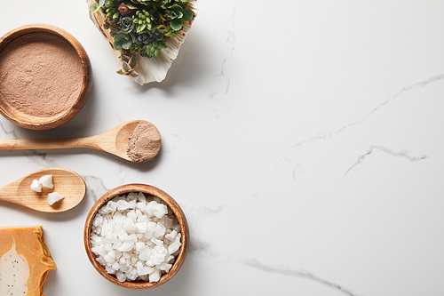 top view of clay powder and 씨솔트 in wooden bowls and spoons on marble table near succulent and soap