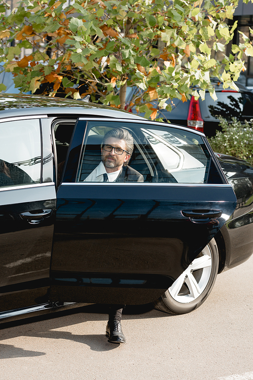 handsome diplomat in glasses sitting in car with opened car door