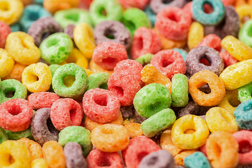 close up view of bright multicolored breakfast cereal