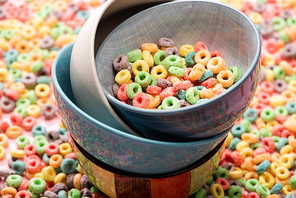 delicious bright colorful breakfast cereal in bowls