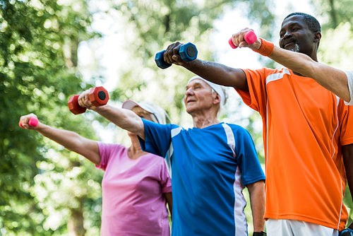 low angle view of pensioners in sportswear training with dumbbells in park