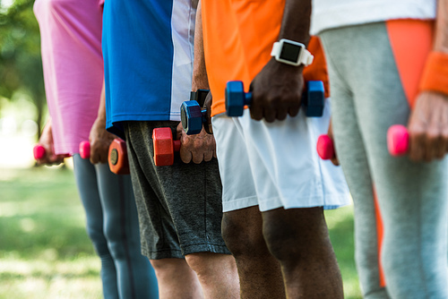cropped view of multicultural pensioners in sportswear holding dumbbells in park