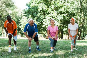 cheerful senior and multicultural people doing stretching exercise on grass