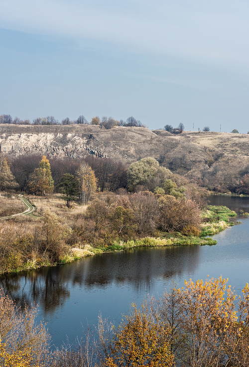 pond with water near green trees in forest against blue sky