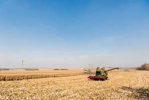 tractor harvesting golden field against blue sky