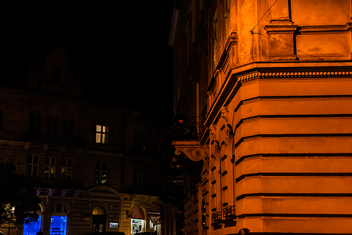 selective focus of old building at night city