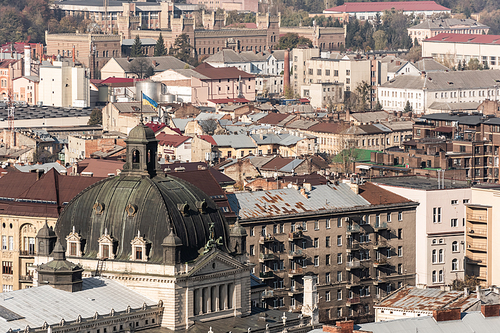 aerial view of city with roof of dominican church and old buildings in historical center