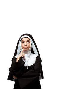 thoughtful nun in black clothing looking up, isolated on white