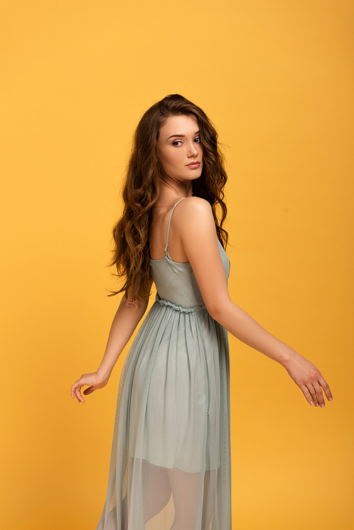 attractive elegant spring girl with long hair in dress isolated on yellow
