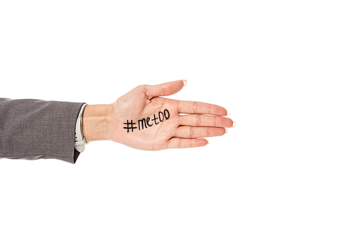 cropped view of businesswoman with me too lettering on hand isolated on white