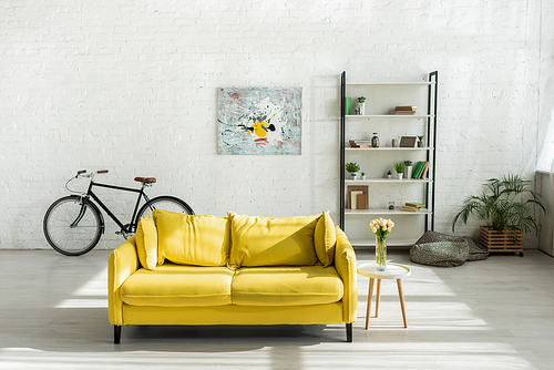 sofa, bicycle and rack in modern living room