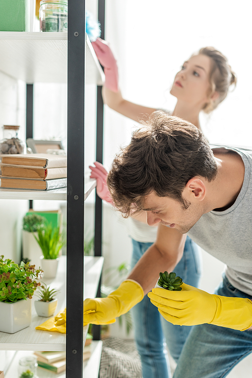 selective focus of handsome man holding plant while cleaning shelve with rag near woman