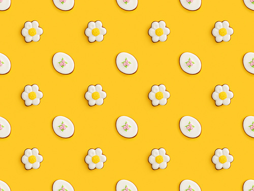 flat lay with delicious . cookies isolated on yellow background, seamless pattern