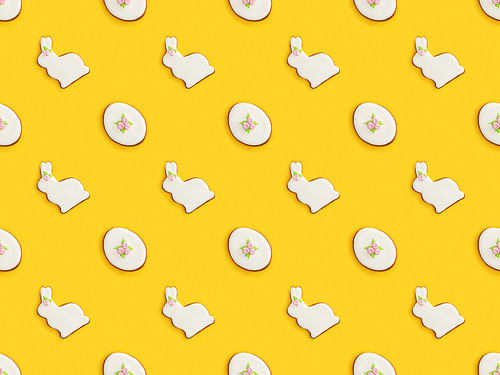 flat lay with . cookies isolated on yellow background, seamless pattern