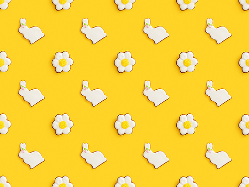 flat lay with tasty . cookies isolated on yellow background, seamless pattern