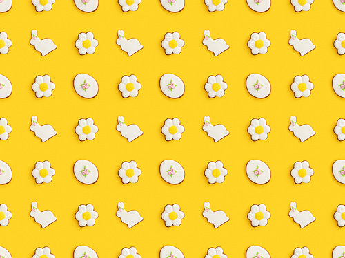 flat lay with tasty . cookies isolated on yellow, seamless pattern