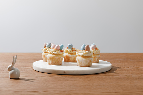 Cupcakes on round board isolated on grey