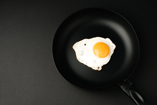 top view of fried egg on frying pan isolated on black