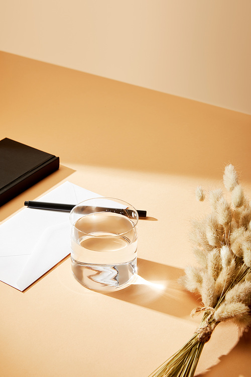 high angle view of notebook, envelope, pen, glass of water and lagurus spikelets on beige surface