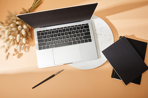 top view of laptop, marble board, lagurus, black notebooks and paintbrush on beige background