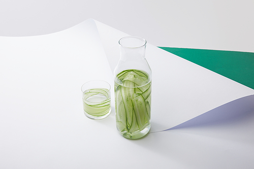 high angle view of bottle and glass with water and sliced cucumbers on white paper surface on grey and green background