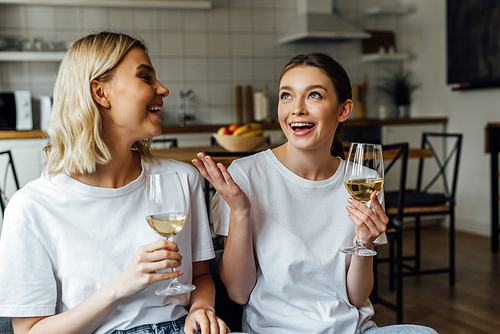 Cheerful sisters talking while holding wine glasses at home