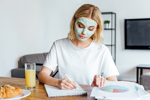 Selective focus of blonde woman in face mask working with documents and notebook near croissant and orange juice on table