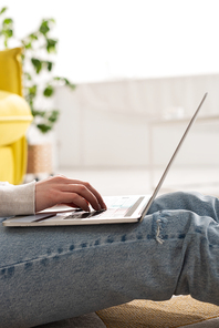 Cropped view of freelancer using laptop on floor in living room