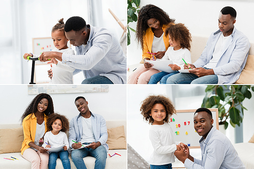 collage of african american family sitting on sofa, father and son touching scooter, dad and daughter holding hands at home