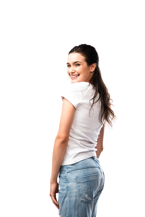 brunette woman in white t-shirt and jeans  isolated on white